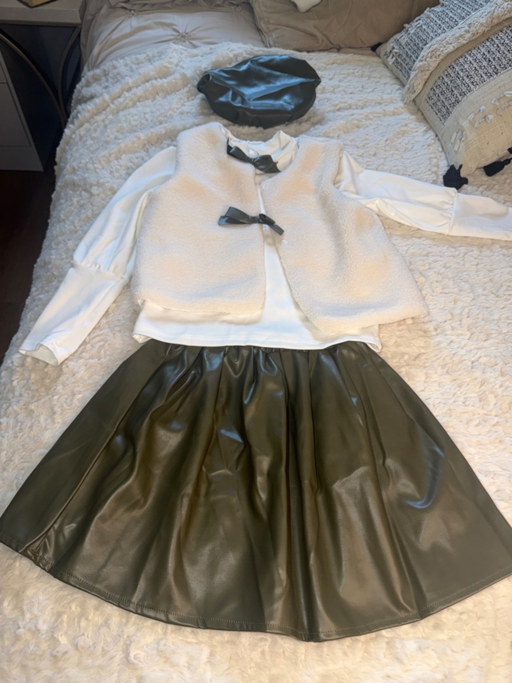 Chic Olive Faux Leather Skirt and Cream Vest Outfit